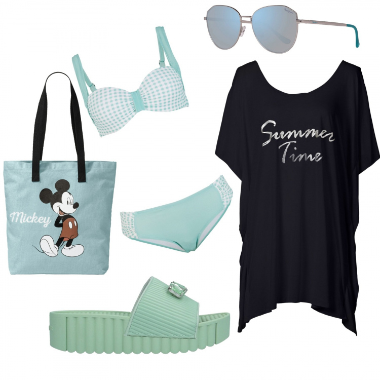 Outfit donna - Basic #25574. Stile Basic per Mare. Abbinamento con vestiti da spiaggia, bikini, shopping bag, sandali, occhiali da sole.