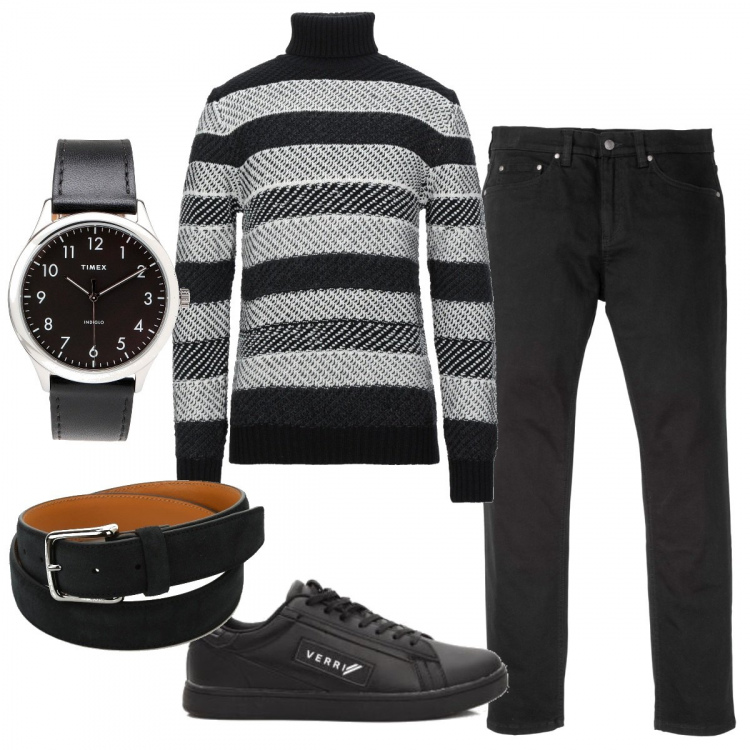Outfit uomo - Casual #12666. Stile Casual per Ufficio. Abbinamento con jeans slim fit, pullovers, orologi, sneakers, cinture.