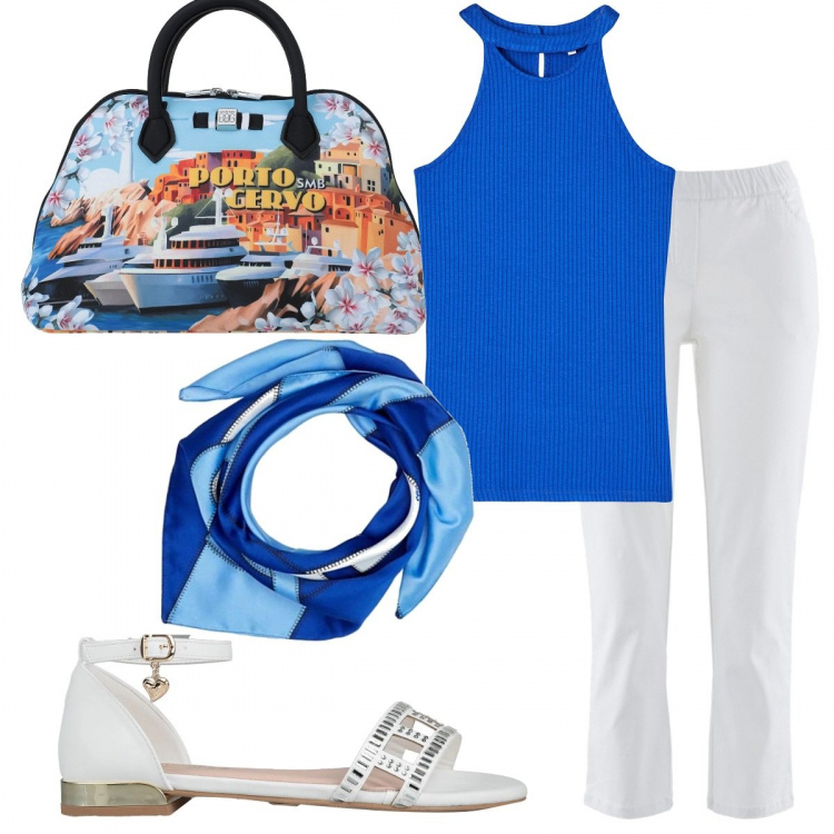 Outfit donna - Al porto. Stile Chic per Mare. Abbinamento con pantaloni, borsa a mano, sandali, pullovers, cappello.