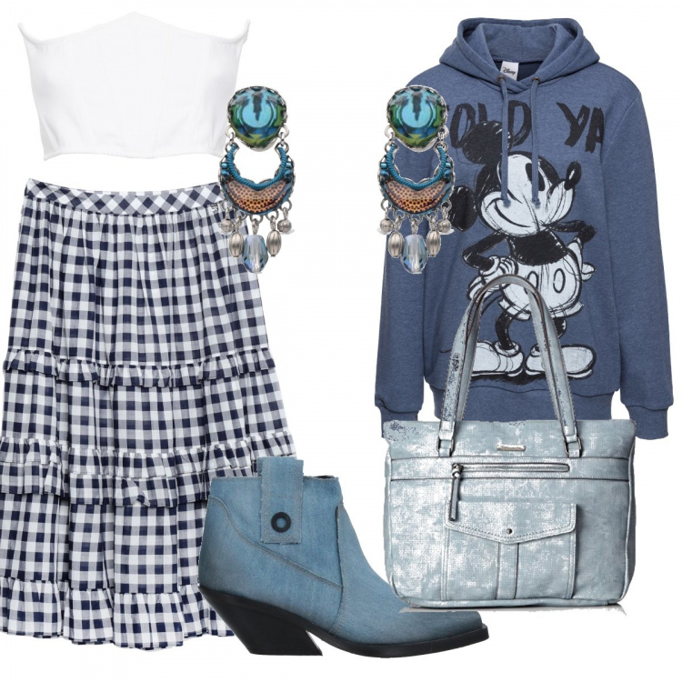 Outfit donna - Settembre. Stile Rock per Serata fuori. Abbinamento con gonne lunghe, orecchini, stivaletti, gonne longuette, top, borse a secchiello.