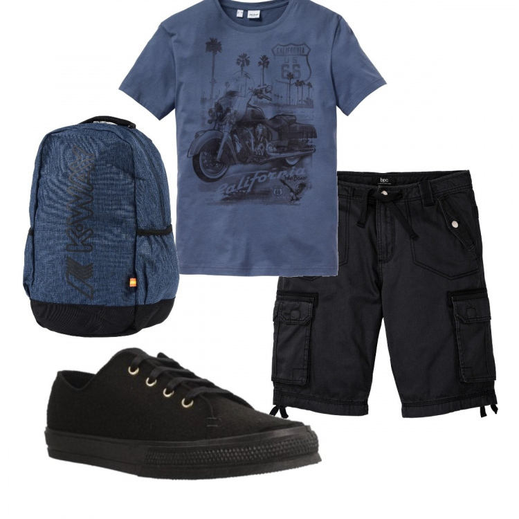 Outfit uomo - California. Stile Casual per Tutti i giorni. Abbinamento con bermuda, t-shirt, borse sportive, sneakers.