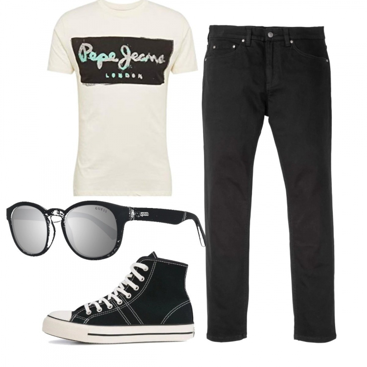 Outfit uomo - Casual #12694. Stile Casual per Tutti i giorni. Abbinamento con jeans slim fit, sneakers, t-shirt, occhiali da sole.
