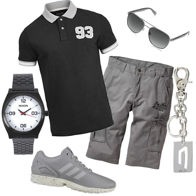 Outfit uomo - Excellent news. Stile Casual per Tutti i giorni. Abbinamento con bermuda, orologio, sneakers, portachiavi, polo, occhiali da sole.