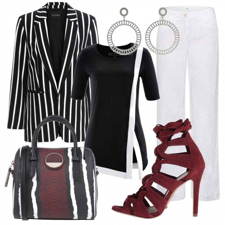 Outfit donna - Righe e zebre. Stile Trendy per Ufficio. Abbinamento con blazer, maglieria, borsa a mano, sandali col tacco, orecchini, pantaloni.