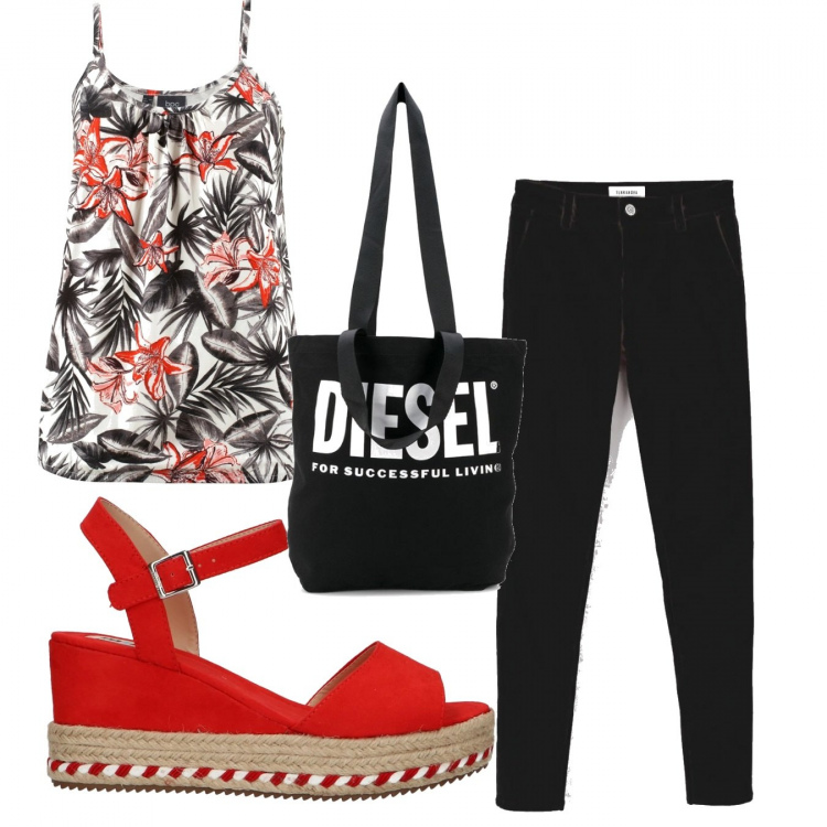 Outfit donna - Trendy #40977. Stile Trendy per Tutti i giorni. Abbinamento con top, pantaloni, shopping bag, sandali.