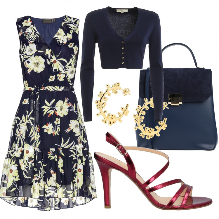 Outfit donna - Piccola cerimonia. Stile Bon Ton per Cerimonia. Abbinamento con vestiti, sandali col tacco, borse a mano, orecchini, cardigan.