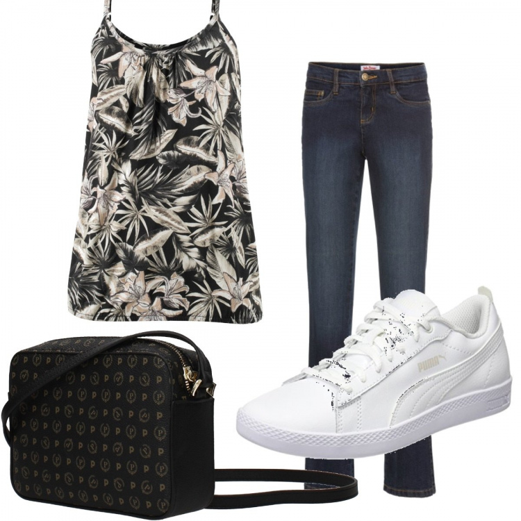 Outfit donna - Basic #25709. Stile Basic per Tutti i giorni. Abbinamento con top, jeans bootcut, borse a spalla, sneakers.