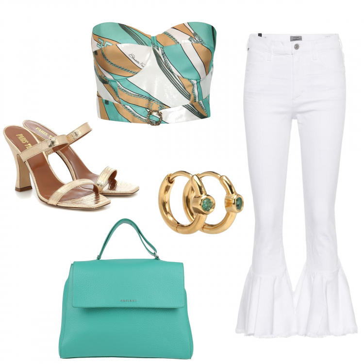 Outfit donna - White & colours. Stile Chic per Ufficio. Abbinamento con borse a cartella, top, jeans, orecchini, sandali in pelle.