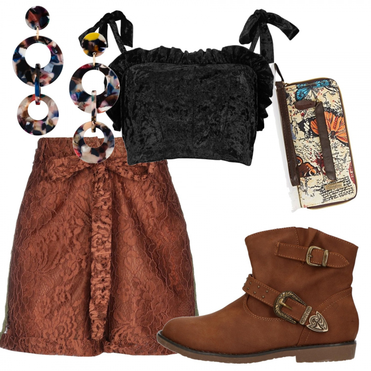 Outfit donna - Chunky Style. Stile Urban per Tutti i giorni. Abbinamento con top, pantalone lungo, portafogli, orecchini, stivali.
