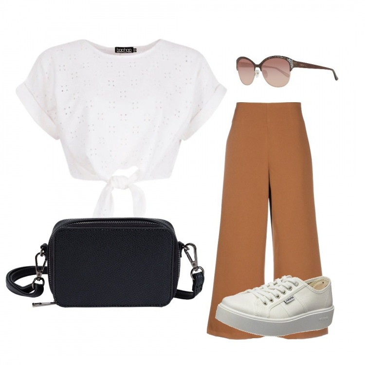 Outfit donna - A passeggio. Stile Basic per Tutti i giorni. Abbinamento con borse a tracolla, pantalone lungo, top, sneakers alte, occhiali da sole.