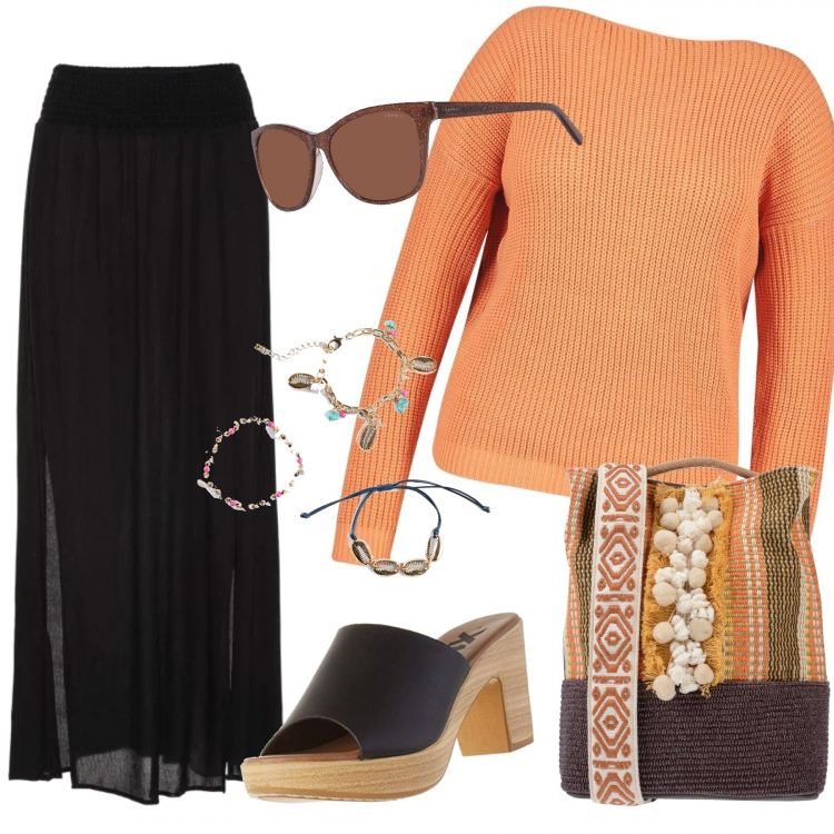 Outfit donna - Etnico #3930. Stile Etnico per Tutti i giorni. Abbinamento con gonne lunghe, costumi interi, borse a secchiello, pullover, sandali, occhiali da sole.