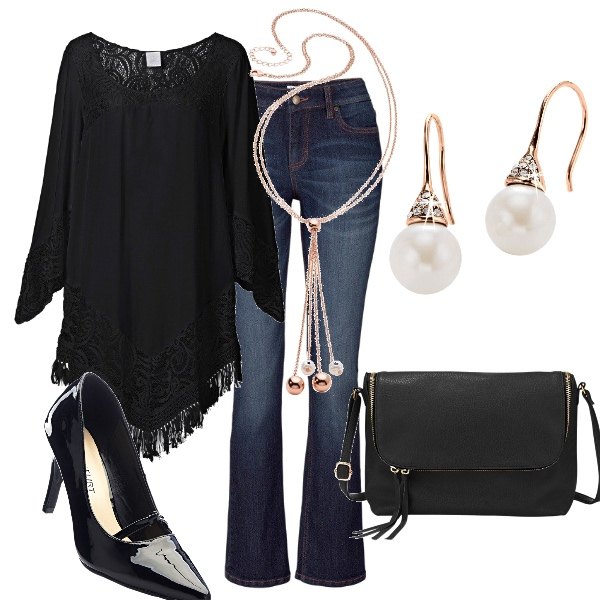Outfit donna - Pizza fuori tutto bonprix. Stile Trendy per Serata fuori. Abbinamento con vestiti da spiaggia, collana, décolleté pumps effetto vernice nero.