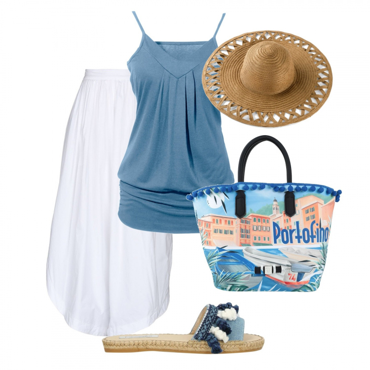 Outfit donna - Il pantalone super comodo. Stile Basic per Mare. Abbinamento con top, cappelli, pantalone lungo, sandali, borse a mano.
