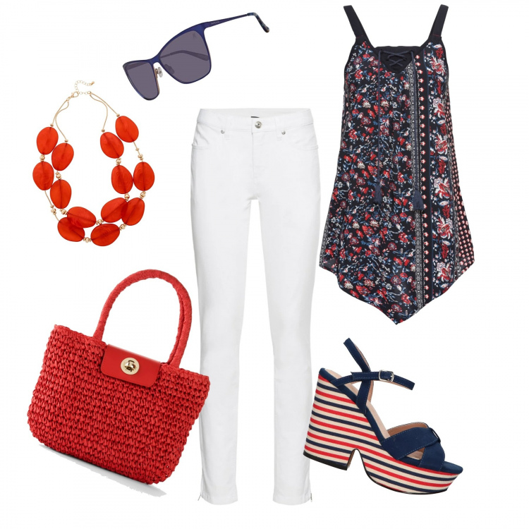 Outfit donna - Passeggiata sul lungomare. Stile Trendy per Mare. Abbinamento con jeans skinny, top, borse a mano, collane, sandali, occhiali da sole.