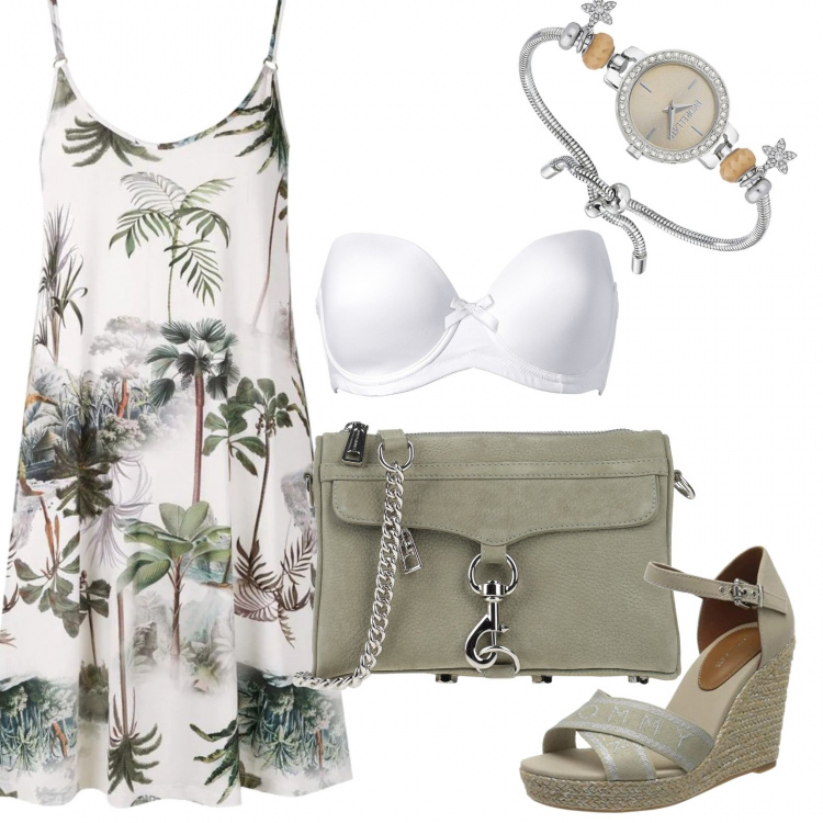 Outfit donna - Basic #25840. Stile Basic per Tutti i giorni. Abbinamento con reggiseni, borse a tracolla, vestiti corti, zeppe, orologi.