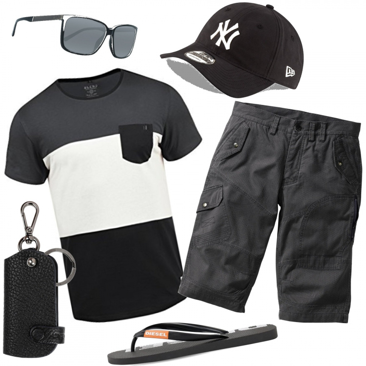Outfit uomo - Exclusive story. Stile Trendy per Tutti i giorni. Abbinamento con bermuda, portachiavi, cappelli con visiera, sandali, t-shirt, occhiali da sole.