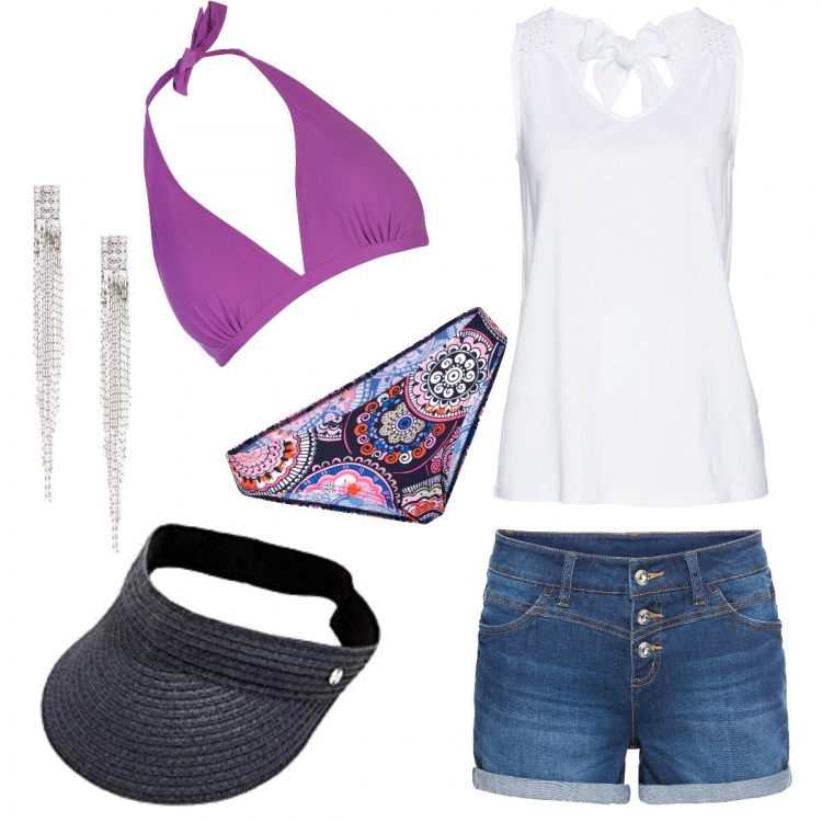 Outfit donna - Mare glamour. Stile Basic per Mare. Abbinamento con shorts, orecchini, top, bikini, costumi, cappelli con visiera.
