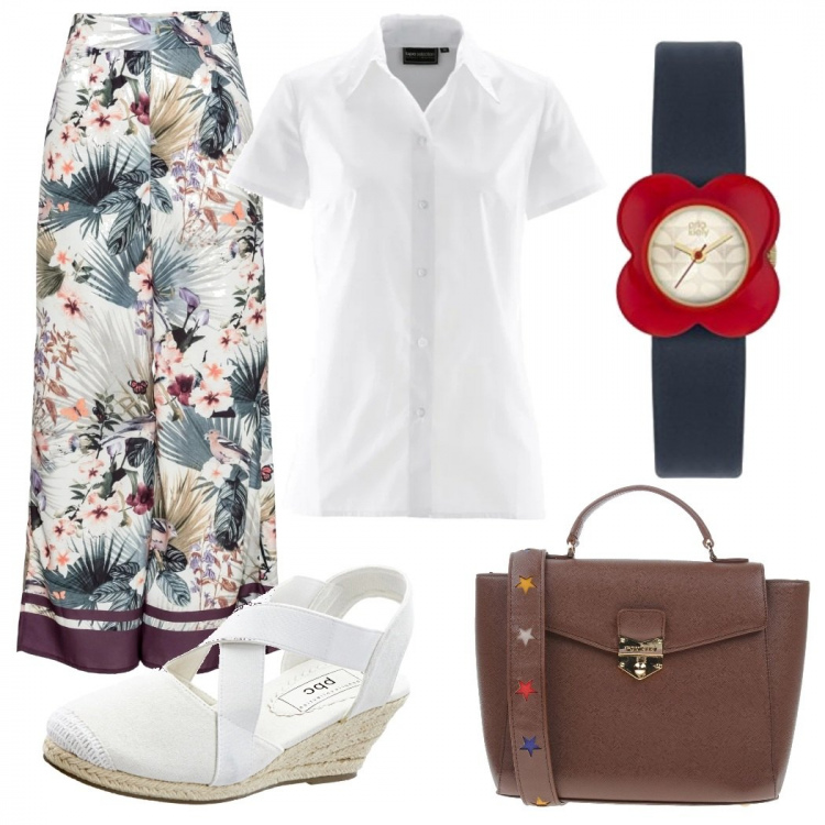 Outfit donna - La camicia bianca. Stile Etnico per Ufficio. Abbinamento con camicie a manica corta, pantaloni, sandali, borse a mano, orologi.
