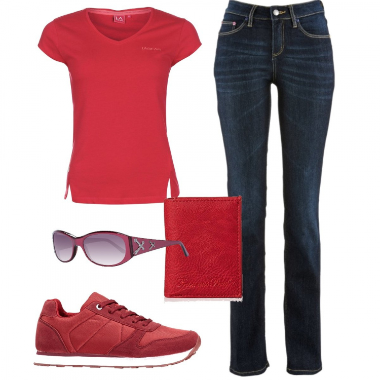 Outfit donna - Portafoglio rosso. Stile Urban per Tutti i giorni. Abbinamento con jeans dritti, sneakers, t-shirt, portafogli, occhiali da sole.