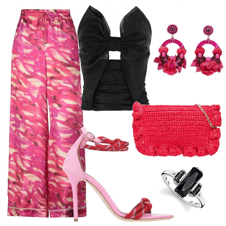 Outfit donna - Tacchi + pantalone fantasia. Stile Trendy per Serata fuori. Abbinamento con pantaloni, top, orecchini, sandali col tacco, borse a spalla, anelli.