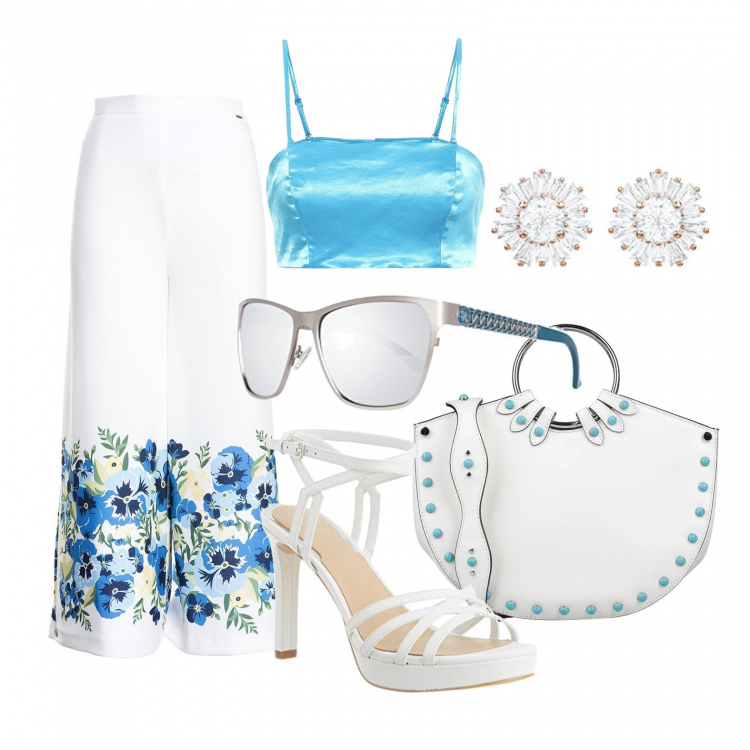 Outfit donna - Pantaloni fantasia e tacchi. Stile Trendy per Tutti i giorni. Abbinamento con borse a mano, pantaloni capri, sandali col tacco, orecchini, top, occhiali da sole.