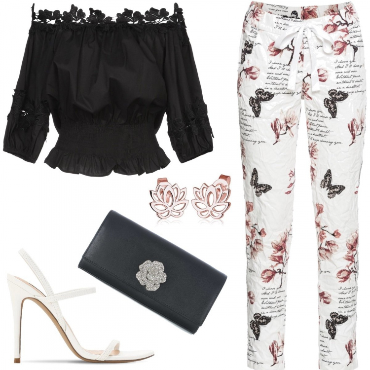 Outfit donna - Romantic Moments. Stile Trendy per Serata fuori. Abbinamento con pantaloni, bluse, orecchini, sandali in pelle, pochette.