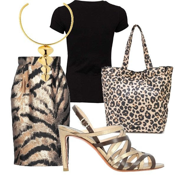 Outfit donna - Animalier day. Stile Trendy per Ufficio. Abbinamento con sandali con tacco, gonne longuette, borse tote, t-shirt, ciondoli.