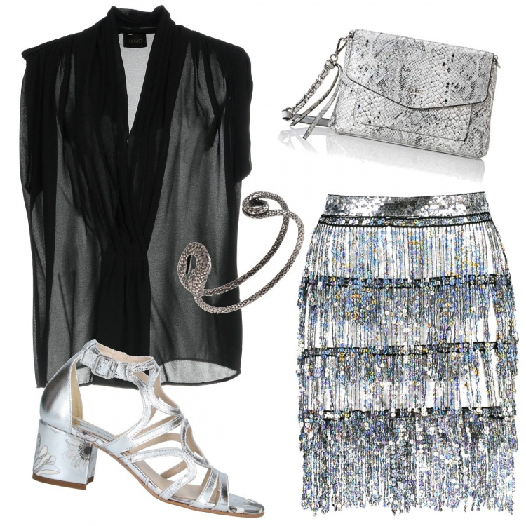 Outfit donna - In Disco sul lungomare. Stile Trendy per Serata fuori. Abbinamento con sandali col tacco, top, braccialetti, minigonne, pochette.