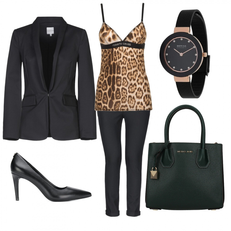 Outfit donna - Top Animalier. Stile Sexy per Tutti i giorni. Abbinamento con blazer, pantaloni capri, borsa a mano, décolleté, orologi, canottiere.
