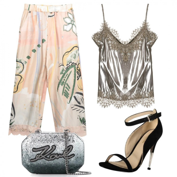 Outfit donna - Pantaloni lingerie. Stile Chic per Serata fuori. Abbinamento con pantaloni, top, clutch, sandali.