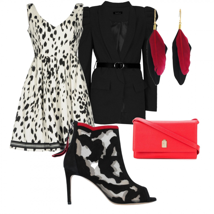 Outfit donna - Crudelia Demon. Stile Rock per Serata fuori. Abbinamento con vestiti corti, scarpa col tacco, blazer, borse a tracolla, orecchini.