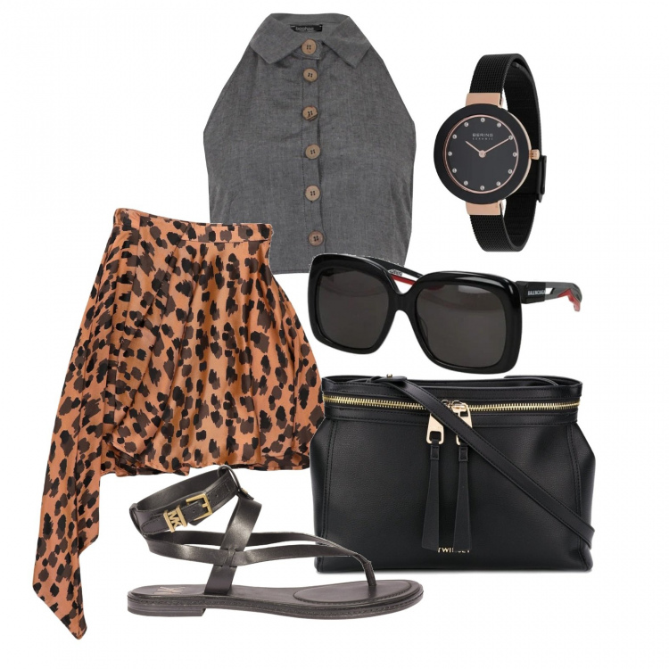 Outfit donna - Trend animalier. Stile Trendy per Tutti i giorni. Abbinamento con gonne longuette, camicia, occhiali da sole, borse tote, orologi, sandali alla schiava.