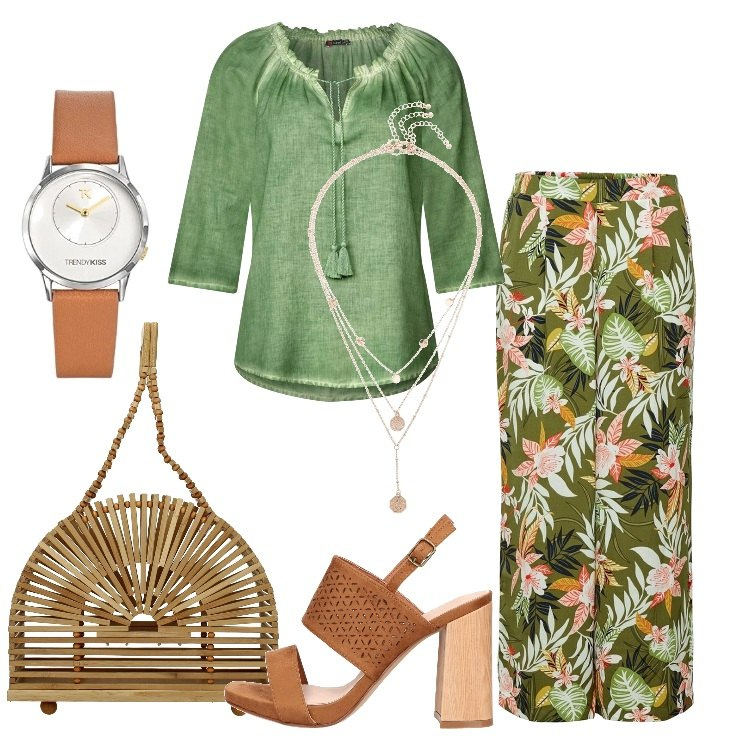 Outfit donna - Pantalone a fantasia e sandalo. Stile Etnico per Tutti i giorni. Abbinamento con ciondoli, borse a mano, pantaloni, camicie, sandali in pelle, orologi.