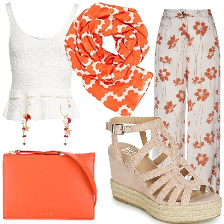 Outfit mujer - Flores naranjas. Estilo Trendy para Todos los días. Combinación con bufandas, sandalias, pantalones, top, pendientes, riñoneras.
