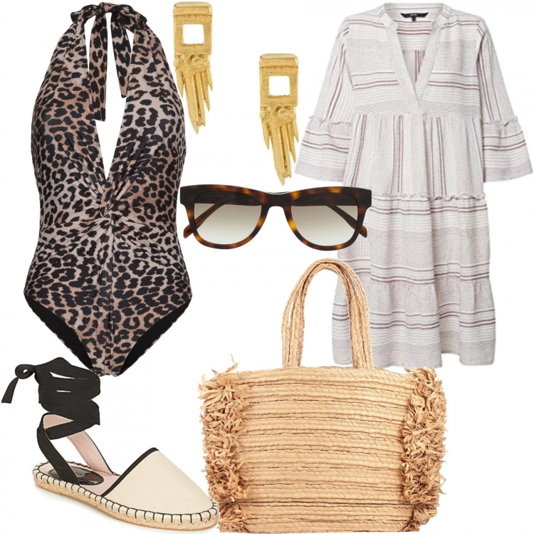 Outfit mujer - Vacaciones de verano. Estilo Chic para Mar. Combinación con túnica, espadrillas, bolsos, bañador, gafas de sol, pendientes.