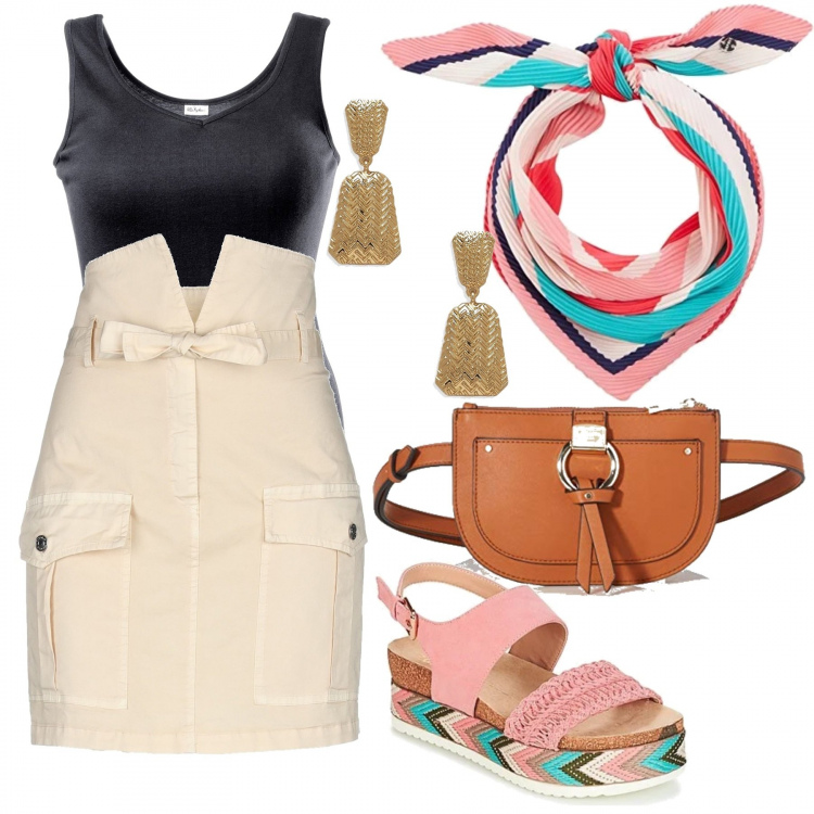 Outfit mujer - Fulard y sándalo coloridos. Estilo Urban para Todos los días. Combinación con bufanda, camisetas sin mangas, riñoneras, sandalias, minifaldas, pendientes.