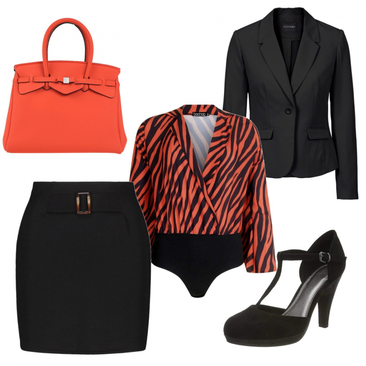 Outfit donna - Animalier in ufficio. Stile Chic per Ufficio. Abbinamento con borse a mano, blazer, minigonna, camicia, scarpe col tacco.