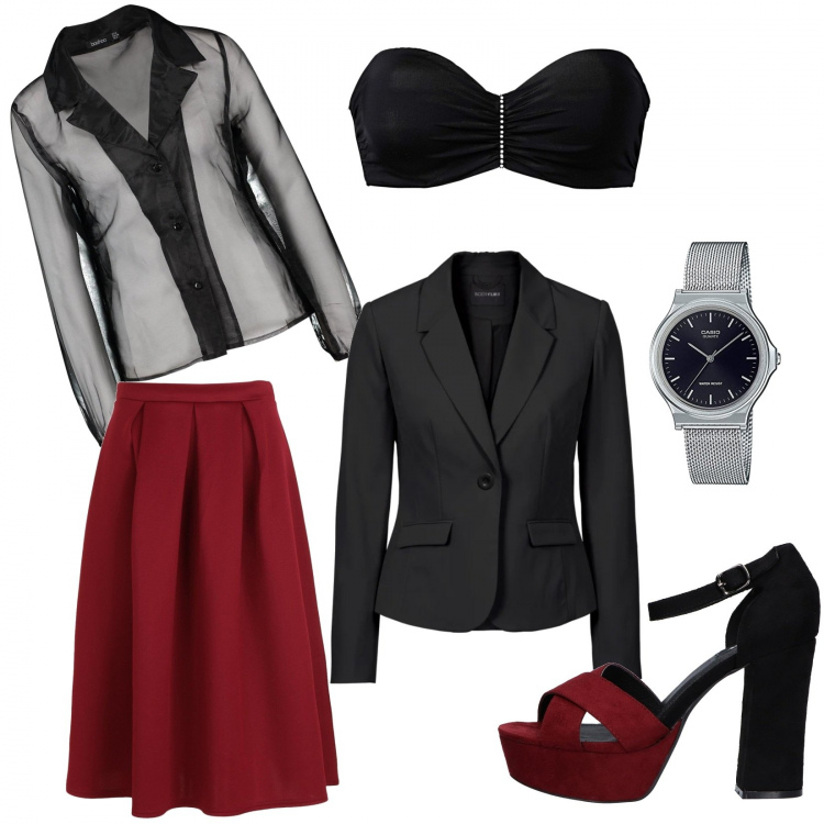 Outfit donna - Camicia femminile. Stile Bon Ton per Serata fuori. Abbinamento con blazer, reggiseni, gonna longuette, camicia, orologi analogici, sandali.