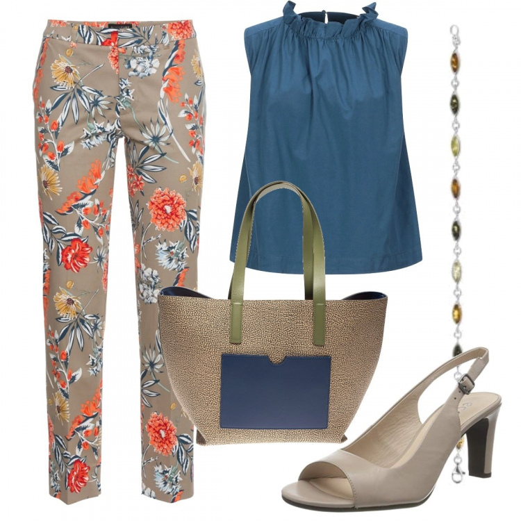 Outfit donna - Pantalone e tacco open toe. Stile Chic per Tutti i giorni. Abbinamento con pantaloni, top, scarpe col tacco, braccialetti, borse tote.