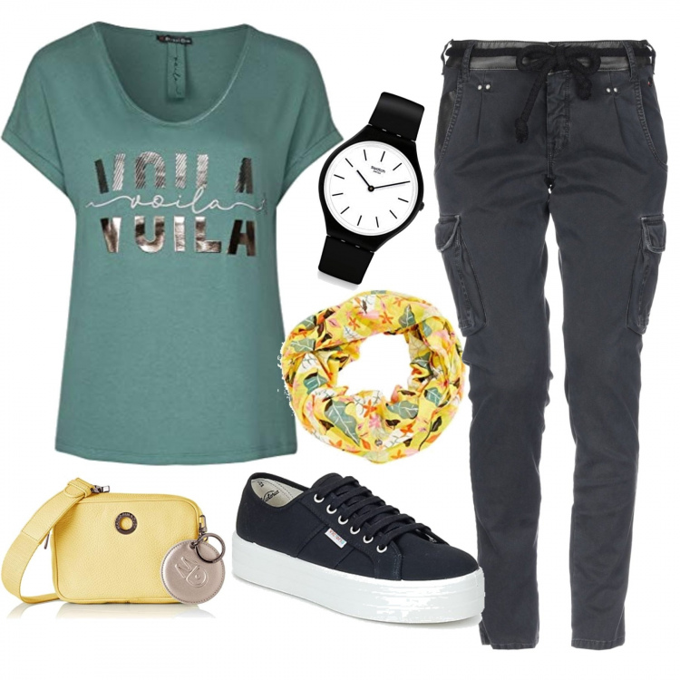 Outfit mujer - Lunes cómodo. Estilo Basic para Todos los días. Combinación con camiseta, bufandas, bolsos mensajero, reloj analógico, sneakers, vaqueros.