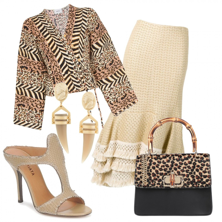 Outfit mujer - Memorias de África. Estilo Étnico para Noche/Fiesta elegante. Combinación con sandalias, falda, blusa, bolsos de mano, pendientes.