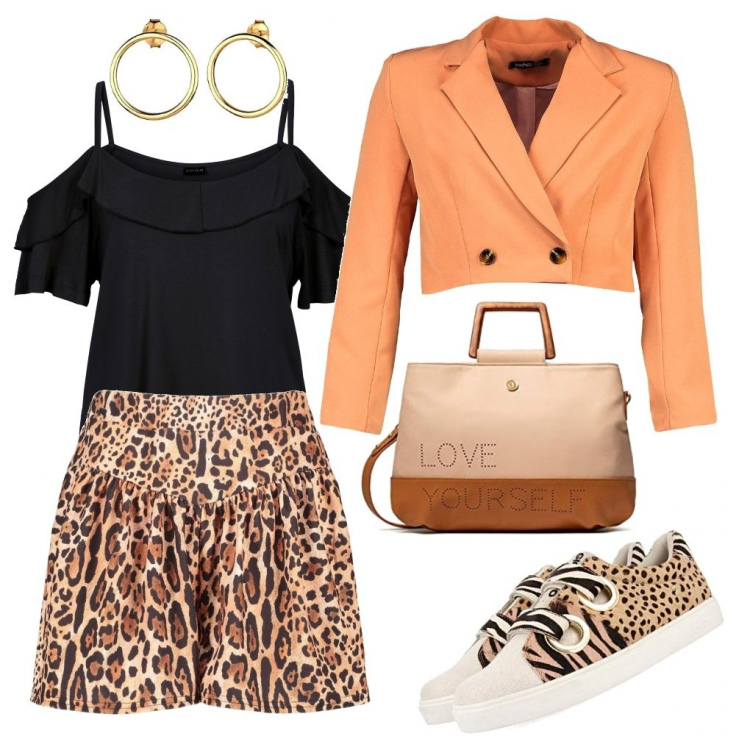 Outfit femme - Total look léopard. Style Tendance pour Tous les jours. Assortir avec haut, sneakers, short, sacs à main, boucles d'oreilles, blazer.