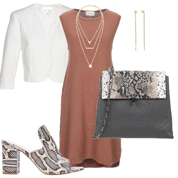 Outfit donna - Animalier per l\'ufficio - tg 50 curvy. Stile Bon Ton per Ufficio. Abbinamento con vestiti corti, sandali col tacco, borsa a tracolla, maglieria, collane, orecchini.
