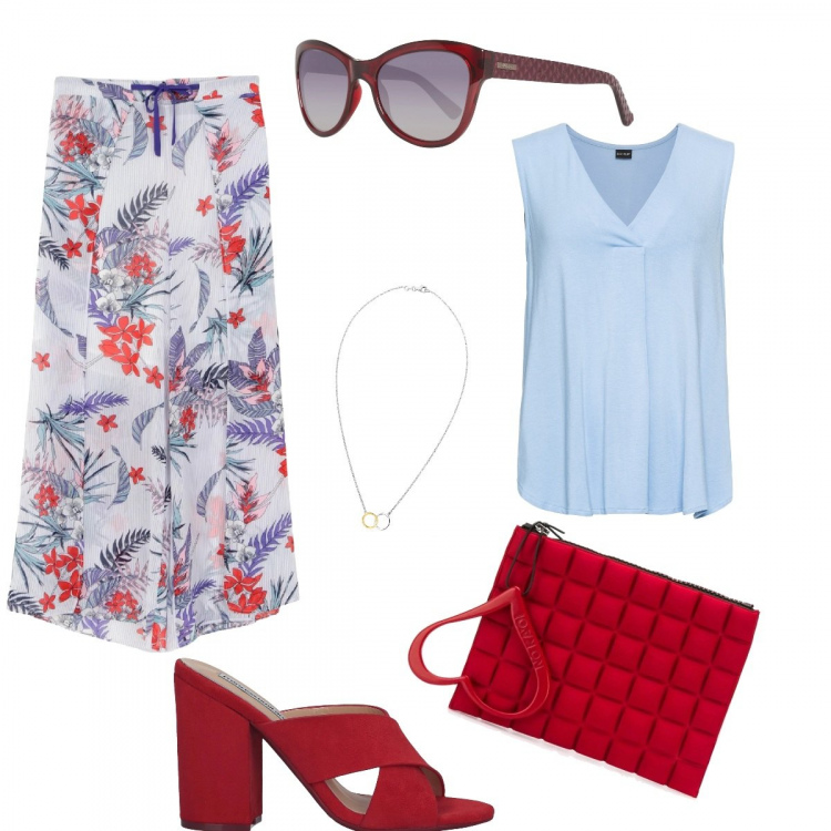 Outfit donna - A lavoro con fantasia.... Stile Basic per Ufficio. Abbinamento con top, pantaloni, sandali con tacco, clutch, collane, occhiali da sole.