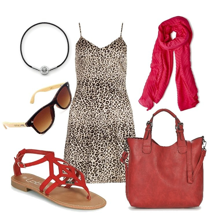 Outfit mujer - Mi lado salvaje. Estilo Chic para Todos los días. Combinación con sandalias, pulseras, bufandas, bolso de mano, gafas de sol, vestido.