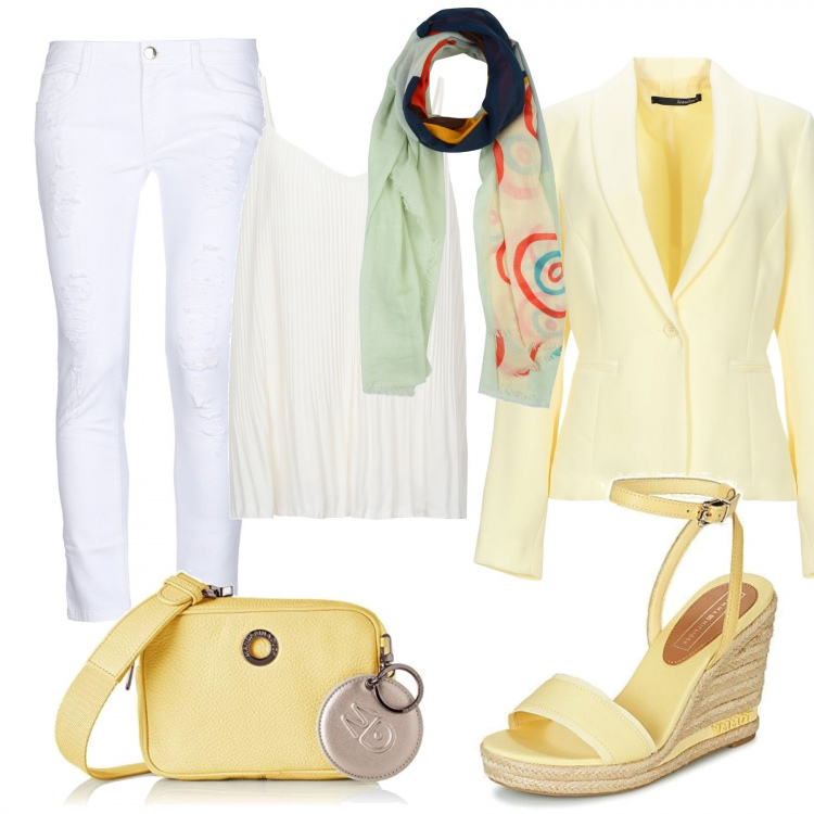 Outfit mujer - Basic #25951. Estilo Basic para Todos los días. Combinación con bolsos mensajero, sandalias, top, vaqueros rotos, chaqueta, chales.
