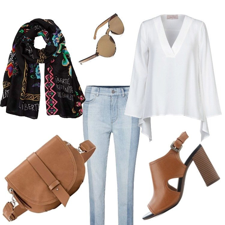 Outfit mujer - Siempre libre. Estilo Trendy para Todos los días. Combinación con vaqueros, bolso saco, pañuelo, sandalias, gafas de sol, blusas.