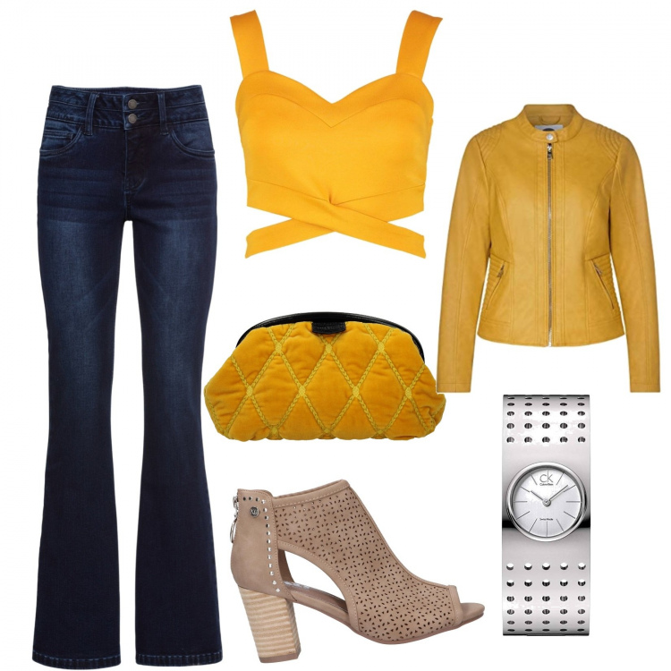 Outfit donna - Casual di sera!. Stile Trendy per Tutti i giorni. Abbinamento con jeans bootcut, bralette, pochette, orologio, stivaletti, blazer.