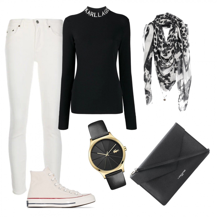 Outfit femme - Stylé avec mon foulard. Style Urban pour Tous les jours. Assortir avec montres analogiques, sacs à main, jean skinny, foulard, sneakers hautes, pull.