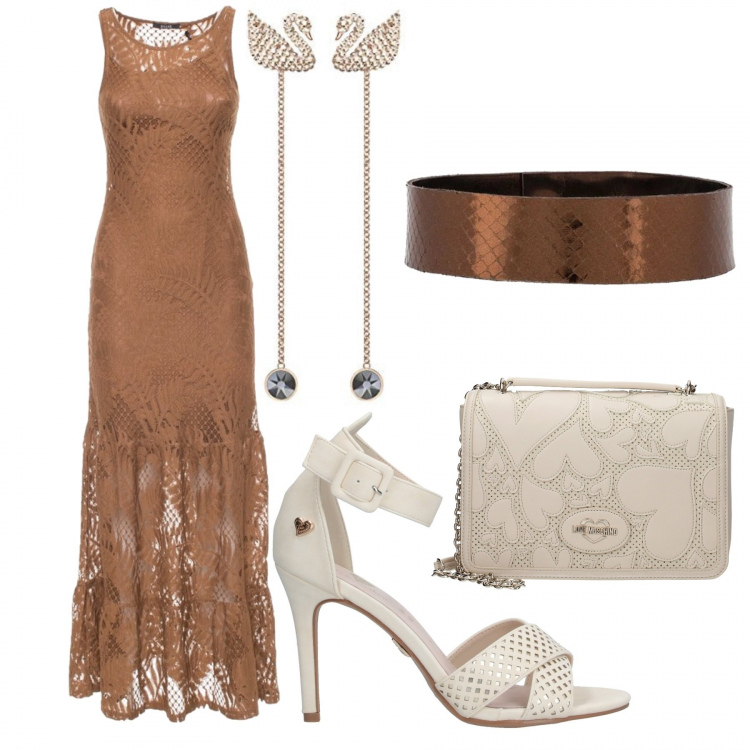 Outfit donna - Cerimonia in marrone. Stile Chic per Cerimonia. Abbinamento con sandali in pelle, borse a spalla, collane, vestiti, orecchini.